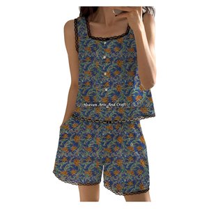 Conjunto de Pijama de Shorts con Encaje y Estampado de Bloques Suaves para Mujer, Pijama Largo sin Mangas con Estampado Floral para Primavera/Verano - Product Image 5