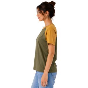 T-shirt Raglan Vert Olive et Jaune Moutarde pour Femme, Col Rond, Manches Courtes, en Polyester Coton, Décontracté, Été, Logo Personnalisé, OEM - Product Image 2