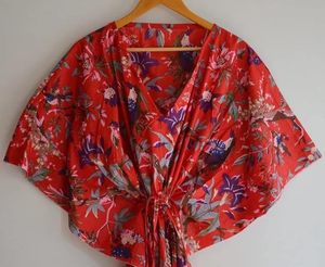 Floral Print V-Neck Maxi Dress Loose Boho <b>Summer</b> Casual <b>Kaftan</b> Short Sleeve Red Woven Polyester Dress - Product Image 4