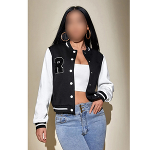 2026 Newest Women Varsity <b>Jacket</b> Black White Full Sleeve Turn Down Collar Button Closure Autumn <b>Short</b> Length Letter R Design - Product Image 1
