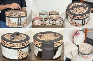 OEM ODM Round Shape Genuine Cowhide Jewelry Case Floral Hand <b>Tooled</b> <b>Leather</b> Makeup Organizer Travel Vanity Case Gift Storage Box - Product Image 2