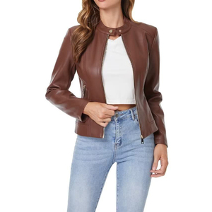 Chaqueta de cuero informal para mujer, con estampado personalizado, talla estándar, cuello alto, transpirable, ropa exterior informal de cuero. - Product Image 1