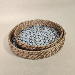 Plateau de rangement en rotin et nacre, carré, idéal pour offrir, provenant d'Inde, vente en gros, lot de 2 pièces - Product Image 1