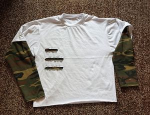 Men's Long Sleeve T-<b>Shirt</b> White Camouflage Sleeves Ripped Design Street Style O-Neck Regular Fit Knitted Fabric T-<b>Shirt</b> - Product Image 1