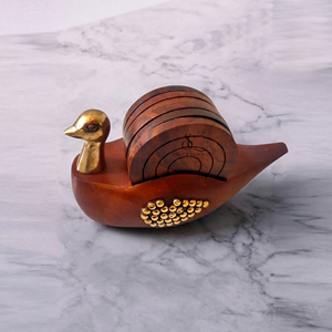 Handmade Wooden <b>Coaster</b> <b>Set</b> With Brass Duck Holder. Unique Engraved Cut Design Handcrafted Tableware For Bulk Home & Bar Decor - Product Image 1