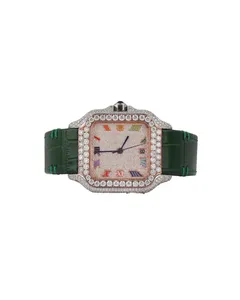 Reloj de Lujo para Hombre con Correa de Cuero Verde, Moissanita, Oro Blanco, Diamantes de Corte Redondo y Esfera Romana con Pavé Completo - Product Image 1