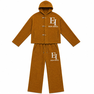 Conjunto de Chaqueta con Capucha de Pana y Pantalones Anchos para Hombre y Mujer, con Logotipo Personalizado, Etiqueta Privada, Venta al Por Mayor, Unisex, Texturizado - Product Image 1