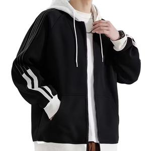 Sudadera informal con capucha para hombre con contraste de rayas, jersey con cremallera de bloque de color blanco y negro para Primavera/otoño, corte regular Versat - Product Image 1
