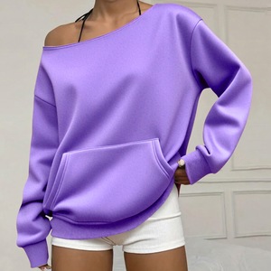 Sudadera OEM al por mayor para mujer, con hombros descubiertos, manga larga, cuello asimétrico, hombro caído, bolsillo canguro, top informal holgado - Product Image 6