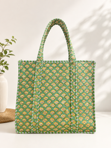 Women's Hand-Block Print Floral Cotton <b>Quilted</b> <b>Tote</b> <b>Bag</b> Durable & Foldable Bohemian Shoulder <b>Bag</b> for Shopping & Travel Bulk - Product Image 4