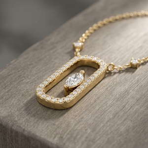 10K 14K 18K Yellow Gold Geometric Paperclip Pendant <b>Necklace</b> Round Cut Halo and Floating Marquise Cut Lab Grown Diamond <b>Necklace</b> - Product Image 1
