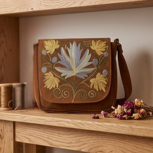 Bolso bandolera con bordado Crewel de Cachemira – Diseño floral de loto azul y crisantemo amarillo en gamuza color canela - Product Image 5