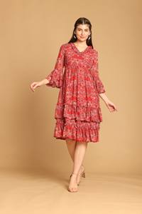 Robe maxi à volants à imprimé floral rouge vintage pour femmes, robes élégantes décontractées pour femmes, robes de soirée disponibles au meilleur prix - Product Image 2