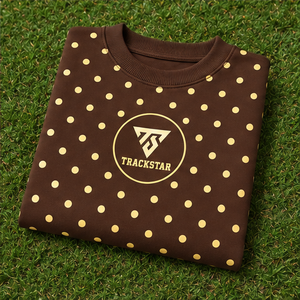Sweat-shirt à col rond pour femme, couleur marron chocolat, avec pois jaunes dorés sur toute la surface, manches longues, logo personnalisé - Product Image 6