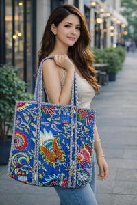 Women's Cotton Quilted Tote Handbag Vintage Block Print Large Washable Canvas Lining <b>Small</b> Shoulder Market/Grocery Bag for Daily - Product Image 4