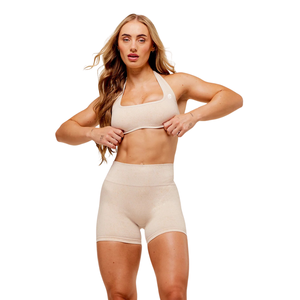 Top Deportivo Halterneck para Mujer con Logotipo Personalizado, Color Blanco Coco, Tejido Adaptable, Nylon y Spandex, Sin Costuras, Soporte Ligero, para Yoga y Ejercicio - Product Image 5