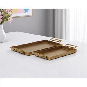 2 bandejas decorativas rectangulares de latón dorado con asas de hojas y ramas de frutas, artesanía metálica - Product Image 2