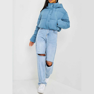 Light Blue Hooded <b>Puffer</b> <b>Jacket</b> Regular Thick 70% Down Coat Casual Style Cotton Liner Eco-Friendly Zipper Closure - Product Image 6