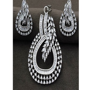 Beautiful Premium Quality Silver Plated Brass Zircon Strand Designer Pendant Necklace Set Earrings <b>Wedding</b> Party Women Wear - Product Image 2