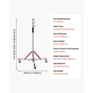 Treppiede Professionale in Acciaio Inossidabile Rinforzato, Altezza Massima Regolabile 320 cm (10,5 piedi), con Ruote e Supporto per Illuminazione - Product Image 5