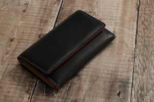 Genuine Leather Long <b>Wallet</b> Unisex <b>Fold</b> Closure Handmade Minimalist Design Black with Red Stitching - Product Image 4