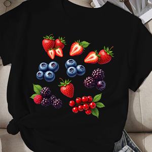 T-shirt décontracté Comfit pour femme avec imprimé de fraises aux couleurs vives en tissu tricoté en polyester - Product Image 1