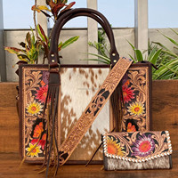 Set Dompet kulit untuk wanita, tas Tote tersembunyi motif bunga dan tas jinjing motif bunga kulit sapi bergaya Barat untuk wanita
