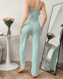 Women Casual Polka Dot Ruffled Spaghetti Strap Pajama Set Knitted Soft Sleepwear Full Length Drawstring Pants Spring Cozy - Product Image 3