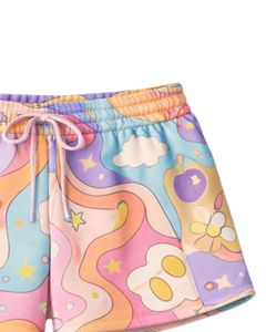 Conjunto de Sudadera Corta y Pantalones Cortos Multicolor para Mujer, Estampado Abstracto de Dibujos Animados, Felpa de Algodón, Dos Piezas, Ropa Informal, Estilo Urbano - Product Image 4