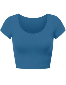 Crop top bleu pour femme de haute qualité, manches courtes, col rond, tricoté, 100% coton, vêtements décontractés d'été, coupe ajustée, respirant, personnalisé - Product Image 1