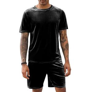 Ensemble de survêtement 2 pièces en velours respirant pour le fitness, le running et le jogging, comprenant un T-shirt col rond en velours et un short contrastant assorti - Product Image 1
