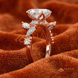 Classic 14K Rose Gold Oval Cut Diamond Bridal <b>Ring</b> with Leaf Style Accent Stones and <b>Open</b> Band Design for Women - Product Image 2