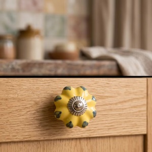 <b>Ceramic</b> Flower <b>Knob</b> Yellow with Blue Accents Farmhouse Style Cabinet Handle for Kitchen Furniture Durable Design - Product Image 4