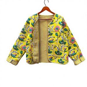 Beautiful Yellow Floral 100% Cotton Handmade Reversible Light Weight <b>Quilted</b> Short <b>Jacket</b> Women Wear New Style Coat Partywear - Product Image 1