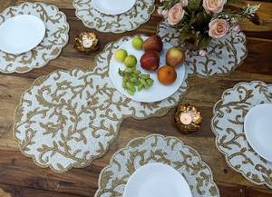 Embroidered Cotton Table <b>Runner</b> Plant Pattern Classic Style Beige Gold Home Decor <b>Washable</b> - Product Image 2