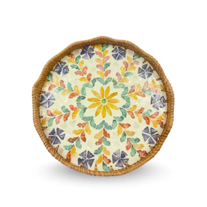 ถาดเสิร์ฟทรงโบฮีเมียนคุณภาพสูง ทำจากหวาย ตกแต่งด้วยเปลือกหอยคาปิซ เหมาะสำหรับใช้ในครัวหรือโต๊ะกาแฟ - Product Image 1