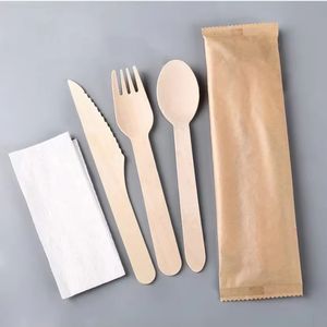 Ensemble de couverts jetables en bois avec serviette, écologiques, fourchette, cuillère, couteau, pour fête, style minimaliste - Product Image 1
