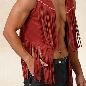 Men Leather Western Fringe <b>Vest</b> <b>Cowboy</b> Suede Sleeveless Jacket Tassel Motorcycle Rodeo Festival Wear Premium OEM Apparel - Product Image 3