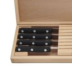Juego de 8 cuchillos para carne con mango negro en estuche de madera marrón, con hojas plateadas y remaches triples para la decoración de la mesa. - Product Image 3