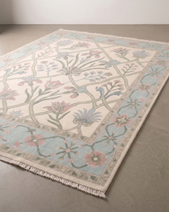 Pastel Oushak <b>Rug</b> <b>Ivory</b> Pink Blue Sage Organic Abstract Carpet Botanical Border 100% New Zealand Wool Non-Slip Washable for - Product Image 2