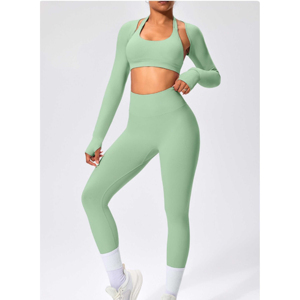 Wholesale Custom Women's Yoga Sets 2-Piece Breathable <b>Skin</b>-friendly Spandex/Polyester Seamless Half Sleeve Stand Neck Drawstring - Product Image 3