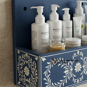 ชั้นวางของติดผนังห้องน้ำลายดอกไม้สีฟ้า – ชั้นวางของไม้สำหรับอุปกรณ์อาบน้ำและของใช้ในห้องน้ำ - Product Image 2