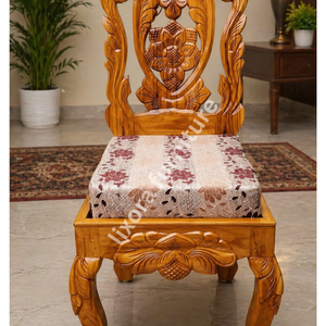 Chaise de salle à manger en bois massif artisanale de luxe, ornée de sculptures florales mandala, siège rembourré floral - Product Image 3