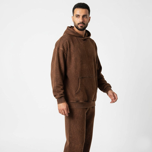 Ensemble de survêtement 2 pièces pour homme, marron délavé à l'acide, en coton, coupe décontractée, respirant, couleur unie, style streetwear, idéal pour l'hiver - Product Image 2