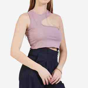 Débardeur court asymétrique à découpes pour femme, couleur unie, respirant, en tricot de spandex et polyester, sans manches, idéal pour l'été – Nouvelle collection très prisée - Product Image 4