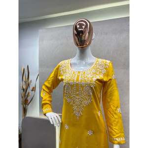 DISEÑADOR RAYON ALGODÓN BORDADO TRABAJO KURTI CON PALAZZO MOSTAZA - Product Image 1