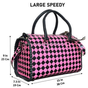 New Pink & <b>Black</b> Checkered Hand Tooled Leather <b>Large</b> Speedy Bag Women Designer Top Handle Crossbody Shoulder <b>Handbag</b> Duffel Bags - Product Image 2