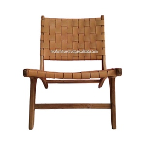Silla de salón de madera de teca maciza de estilo moderno, silla de relajación de cuero genuino marrón tejida para Hotel, comedor, dormitorio, sala de estar - Product Image 6