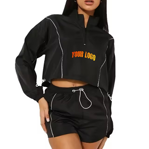 Ensemble coupe-vent 2 pièces personnalisable OEM/ODM pour femme, haut à demi-fermeture éclair et short au-dessus du genou, 100 % coton molletonné, style urbain - Product Image 1