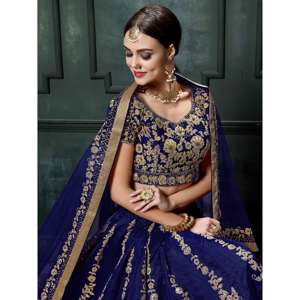 Tenue de soirée de créateur bleu marine soie brute Lehenga Choli robes de bal impressionnantes pour les occasions spéciales - Product Image 4